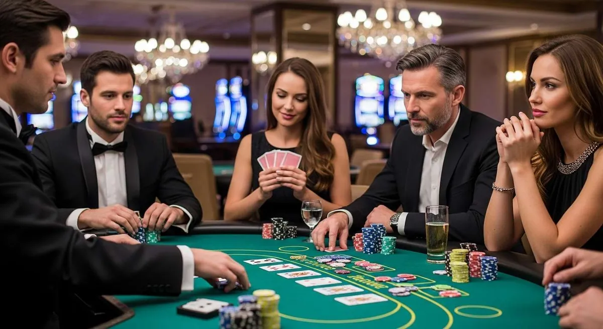 Instant Casino Persone eleganti giocano a carte con fiches al casinò